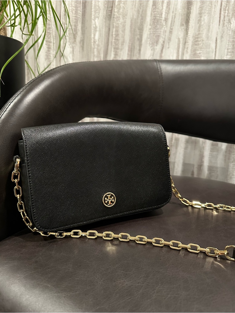Tory Burch Black Saffiano Leather Chain Shoulder Crossbody